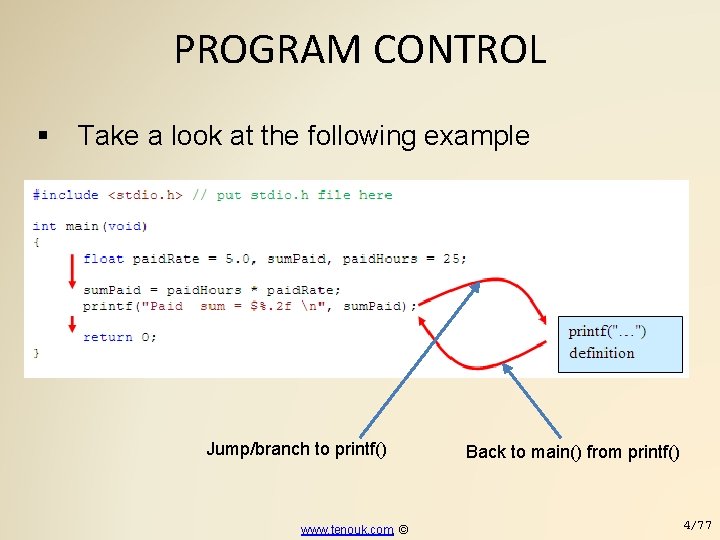 PROGRAM CONTROL Take a look at the following example Jump/branch to printf() www. tenouk.