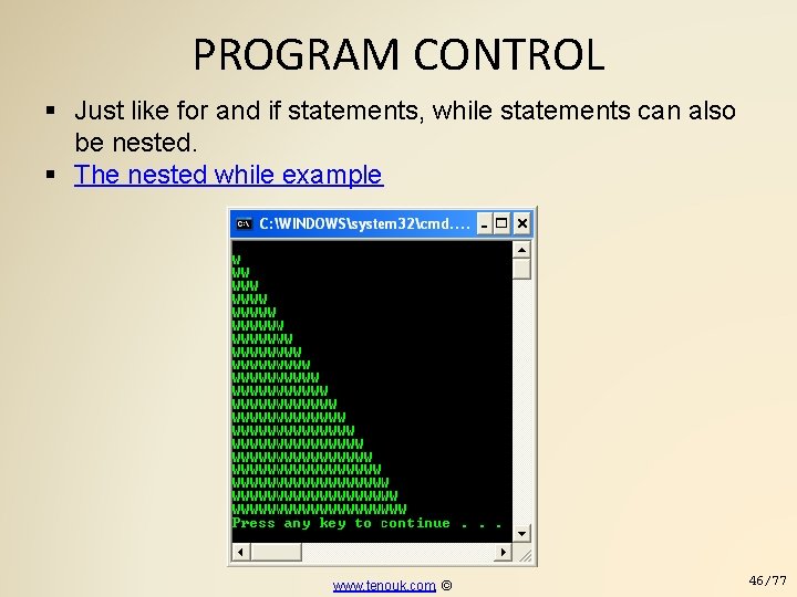 PROGRAM CONTROL Just like for and if statements, while statements can also be nested.