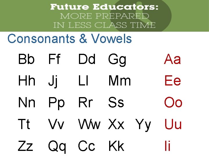 Consonants & Vowels Bb Ff Dd Gg Aa Hh Jj Ll Mm Ee Ss