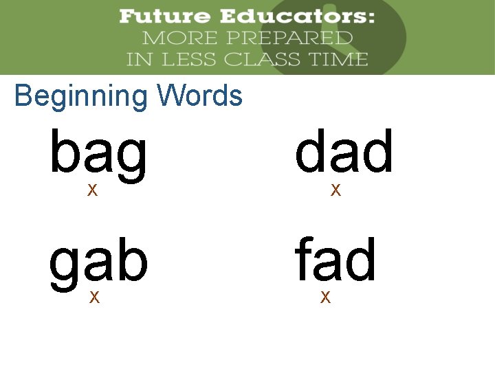 Beginning Words bag dad gab fad X X 