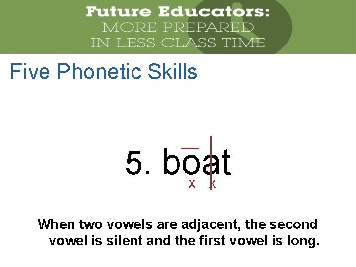 Five Phonetic Skills 5. boat X X When two vowels are adjacent, the second