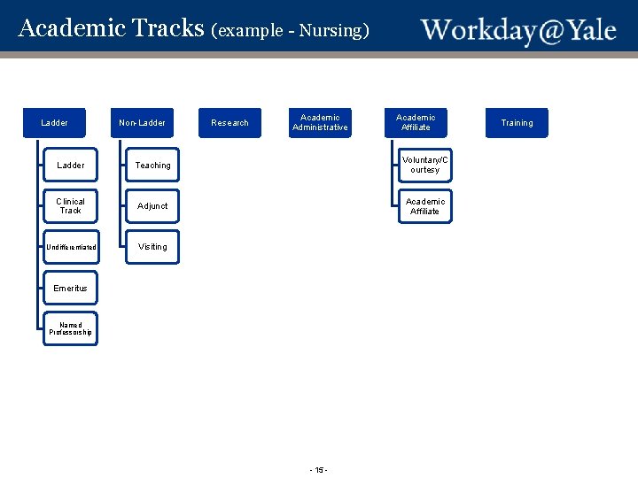 Academic Tracks (example - Nursing) Ladder Non-Ladder Research Academic Administrative Academic Affiliate Ladder Teaching