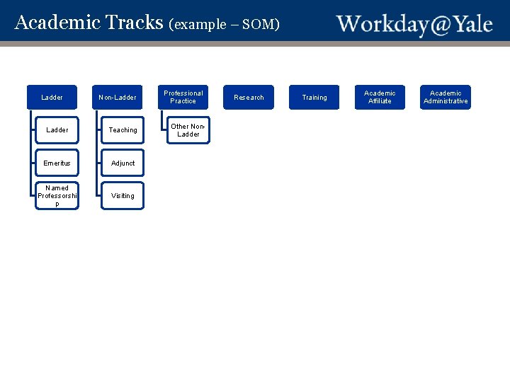 Academic Tracks (example – SOM) Ladder Non-Ladder Teaching Emeritus Adjunct Named Professorshi p Visiting