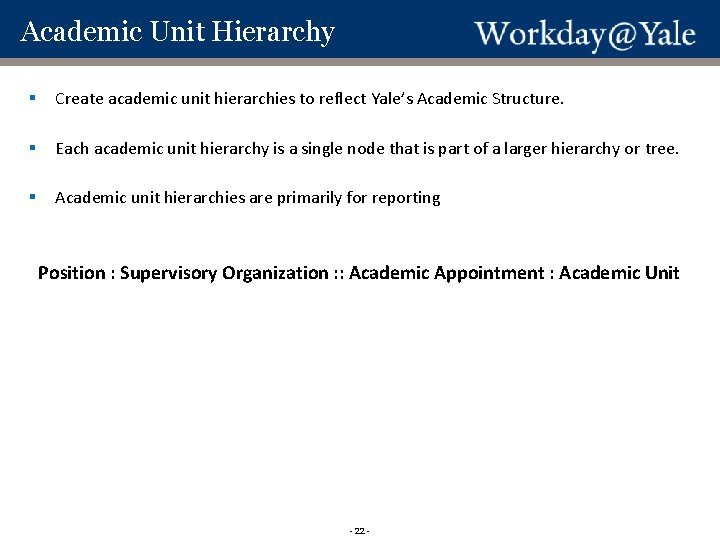 Academic Unit Hierarchy § Create academic unit hierarchies to reflect Yale’s Academic Structure. §