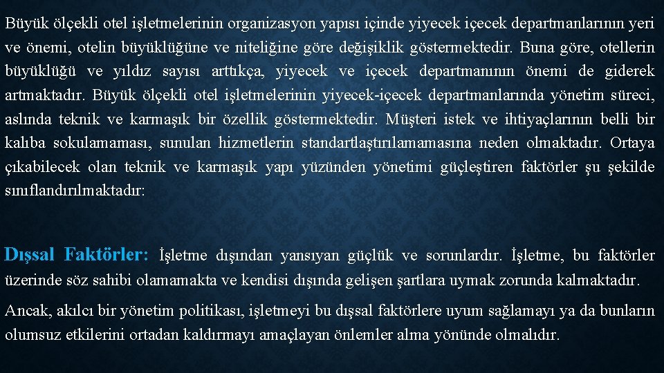 Büyük ölçekli otel işletmelerinin organizasyon yapısı içinde yiyecek içecek departmanlarının yeri ve önemi, otelin Büyük ölçekli otel işletmelerinin organizasyon yapısı içinde yiyecek içecek departmanlarının yeri ve önemi, otelin