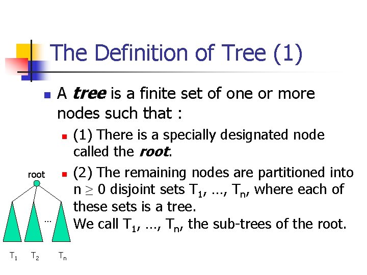 The Definition of Tree (1) n A tree is a finite set of one