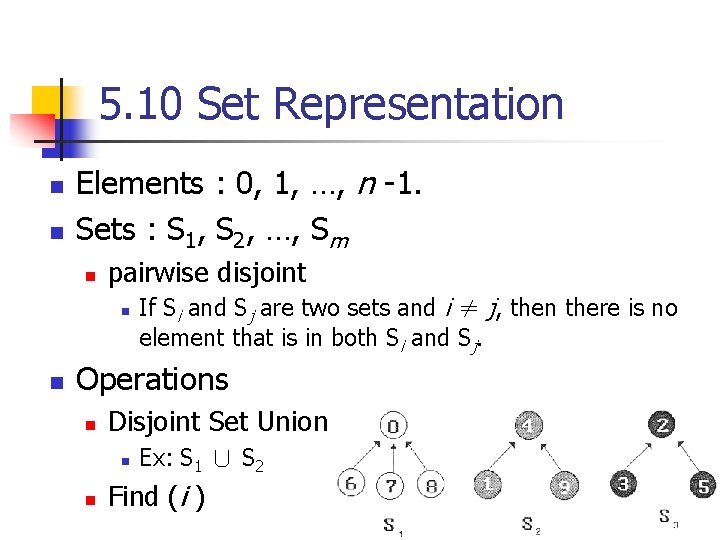 5. 10 Set Representation n n Elements : 0, 1, …, n -1. Sets