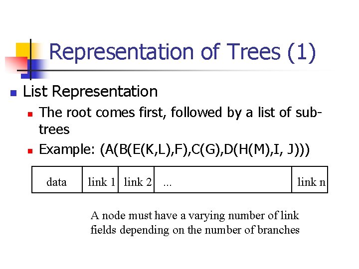 Representation of Trees (1) n List Representation n n The root comes first, followed