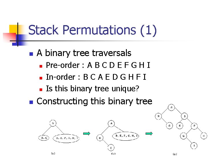Stack Permutations (1) n A binary tree traversals n n Pre-order : A B