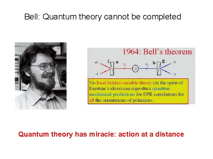 Bell: Quantum theory cannot be completed Quantum theory has miracle: action at a distance