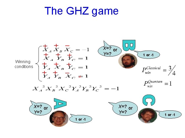 The GHZ game X=? or Y=? 1 or -1 Winning conditions X=? or Y=?