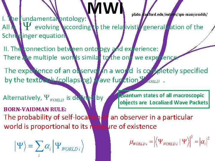 MWI plato. stanford. edu/entries/qm-manyworlds/ I. The fundamental ontology: All is evolving according to the