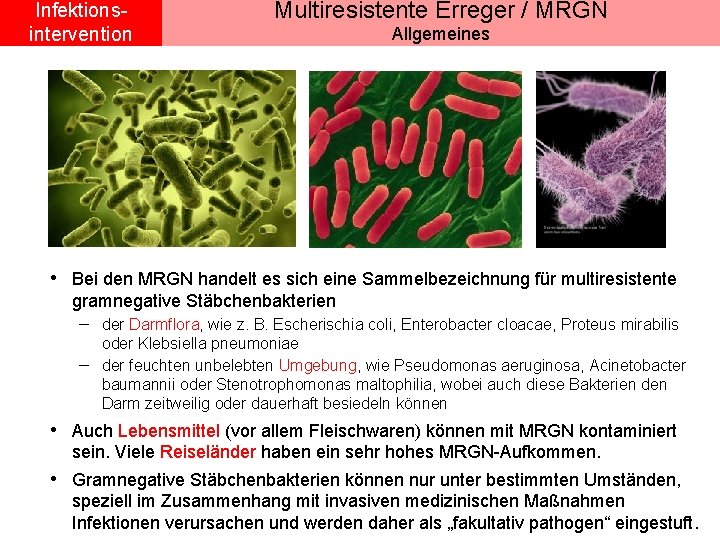 Infektionsintervention Multiresistente Erreger / MRGN Allgemeines • Bei den MRGN handelt es sich eine