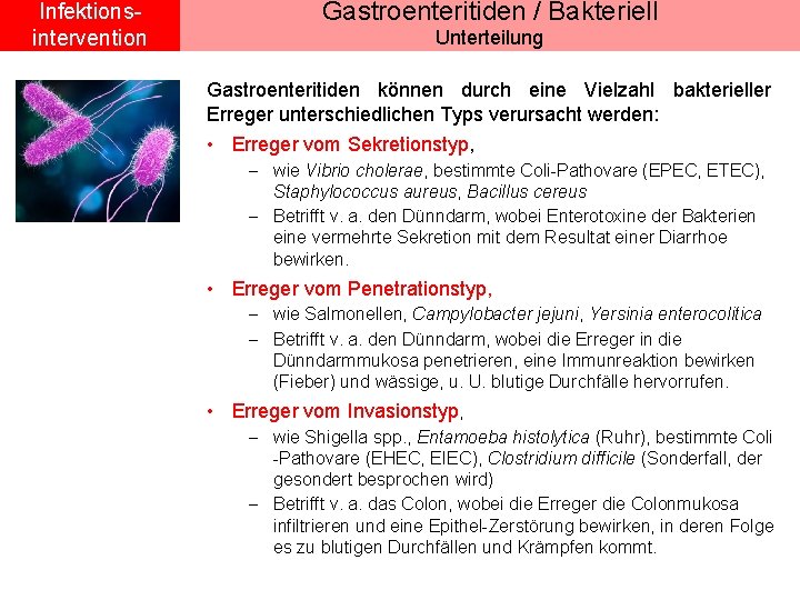 Infektionsintervention Gastroenteritiden / Bakteriell Unterteilung Gastroenteritiden können durch eine Vielzahl bakterieller Erreger unterschiedlichen Typs