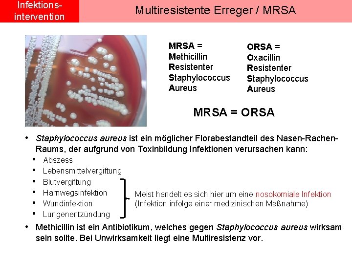 Infektionsintervention Multiresistente Erreger / MRSA = Methicillin Resistenter Staphylococcus Aureus ORSA = Oxacillin Resistenter
