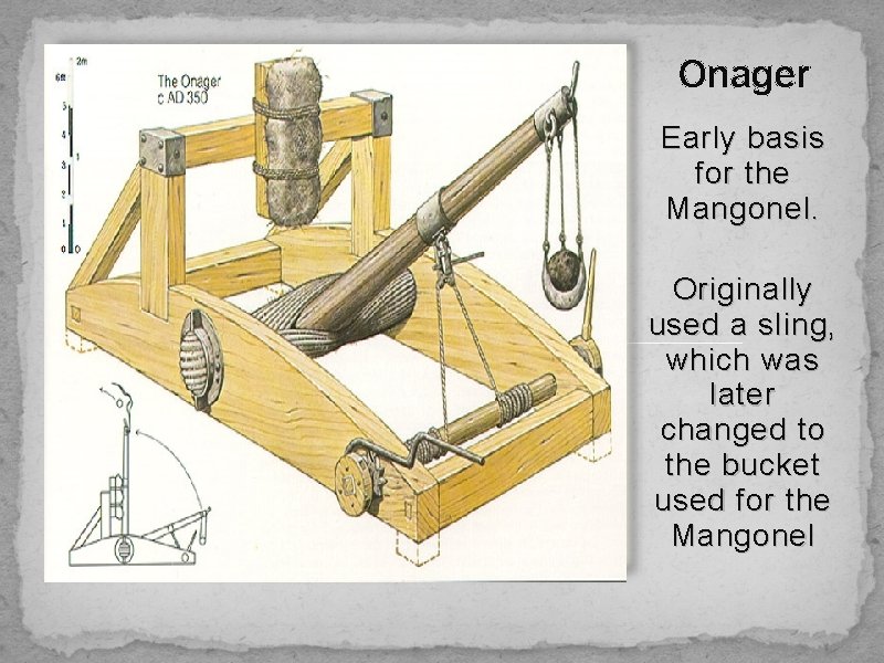 Onager Early basis for the Mangonel. Originally used a sling, which was later changed