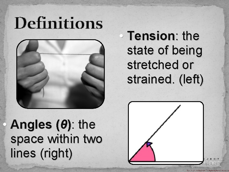 Definitions • Angles (θ): the space within two lines (right) • Tension: the state