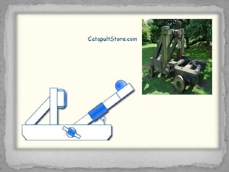 Mangonel Torsion powered. Hurled objects from a cup on an arm. 1, 300 foot