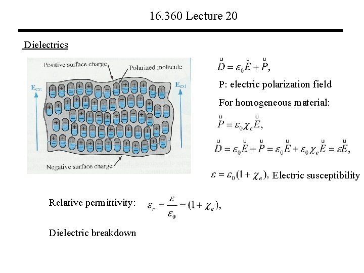 16. 360 Lecture 20 Dielectrics P: electric polarization field For homogeneous material: Electric susceptibility