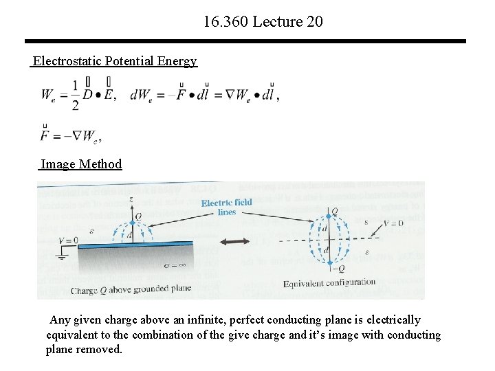 16. 360 Lecture 20 Electrostatic Potential Energy Image Method Any given charge above an