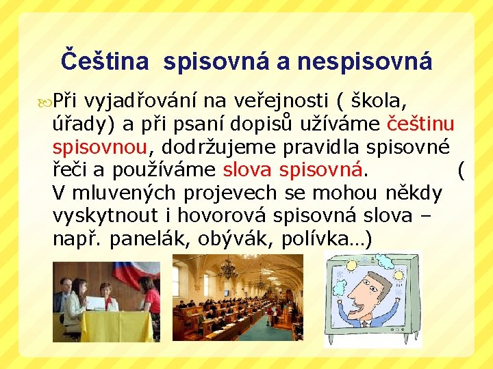 Čeština spisovná a nespisovná Při vyjadřování na veřejnosti ( škola, úřady) a při psaní