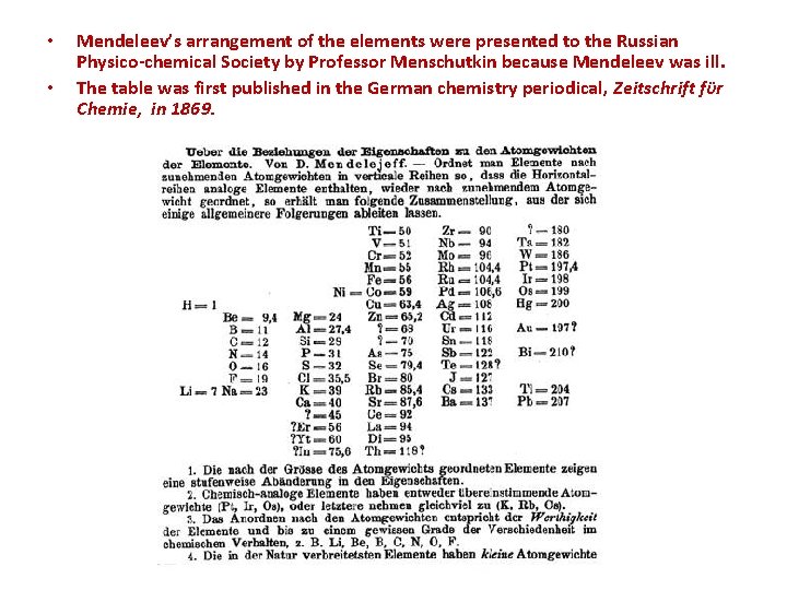  • • Mendeleev’s arrangement of the elements were presented to the Russian Physico-chemical