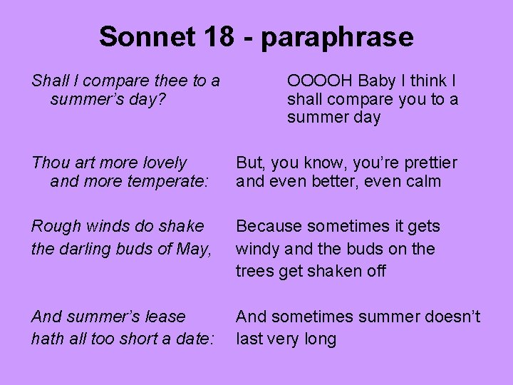 Sonnet 18 - paraphrase Shall I compare thee to a summer’s day? OOOOH Baby
