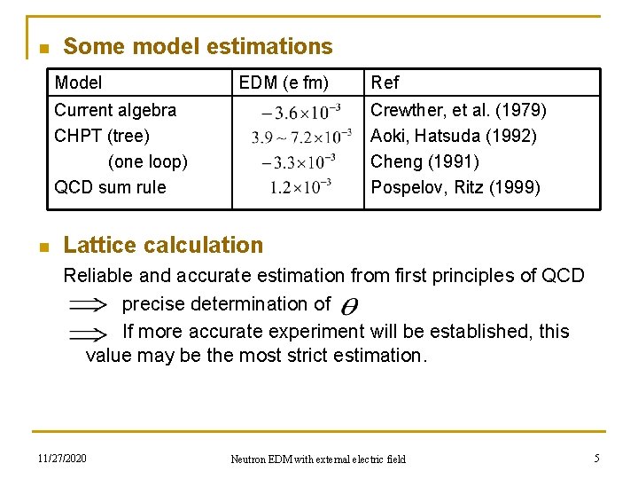 n Some model estimations Model EDM (e fm) Current algebra CHPT (tree) (one loop)