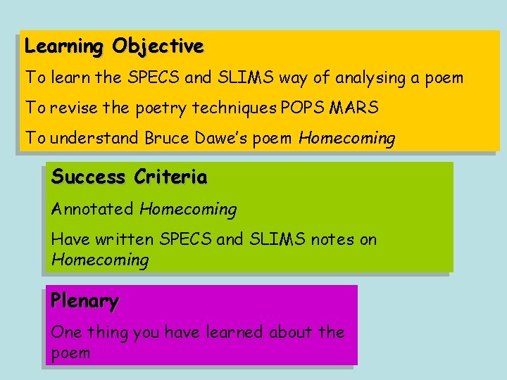 Learning Objective To learn the SPECS and SLIMS way of analysing a poem To