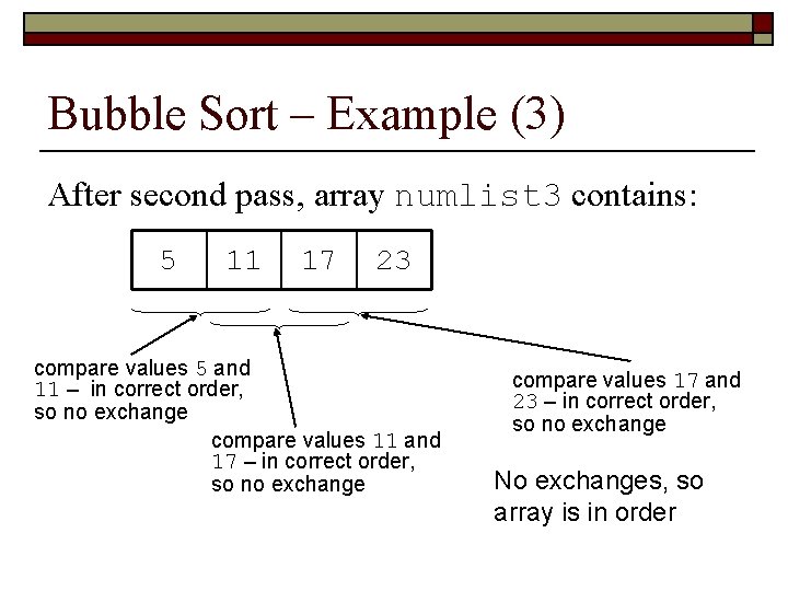 Bubble Sort – Example (3) After second pass, array numlist 3 contains: 5 11