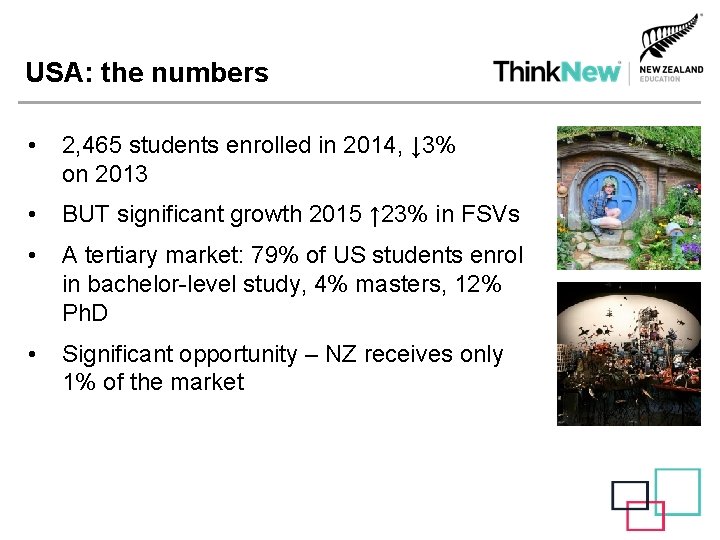 USA: the numbers • 2, 465 students enrolled in 2014, ↓ 3% on 2013