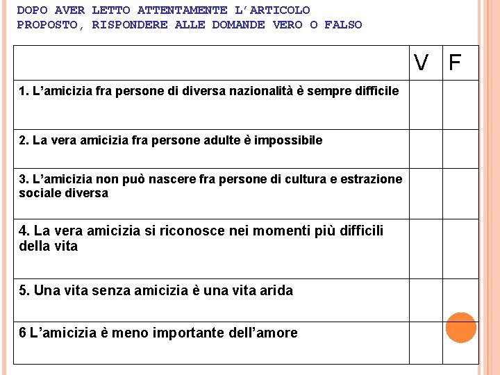 DOPO AVER LETTO ATTENTAMENTE L’ARTICOLO PROPOSTO, RISPONDERE ALLE DOMANDE VERO O FALSO V F