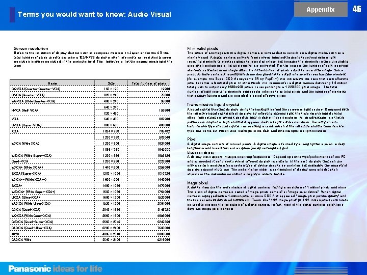 Appendix Terms you would want to know: Audio Visual Screen resolution Film valid pixels Appendix Terms you would want to know: Audio Visual Screen resolution Film valid pixels