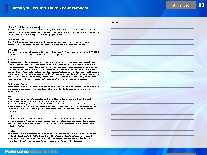 Appendix Terms you would want to know: Network memo VPN (Virtual Private Network) A Appendix Terms you would want to know: Network memo VPN (Virtual Private Network) A