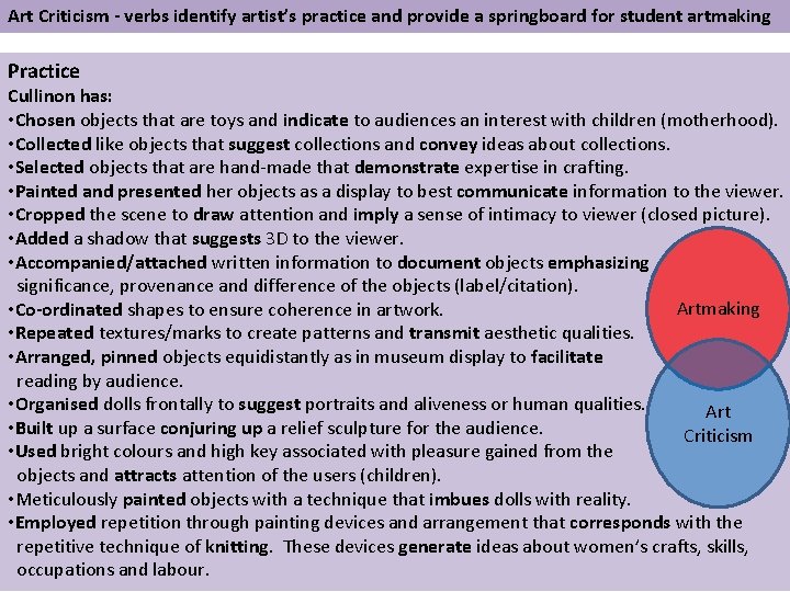 Art Criticism - verbs identify artist’s practice and provide a springboard for student artmaking