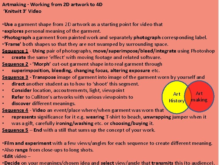 Artmaking - Working from 2 D artwork to 4 D ‘Knitwit 3’ Video •