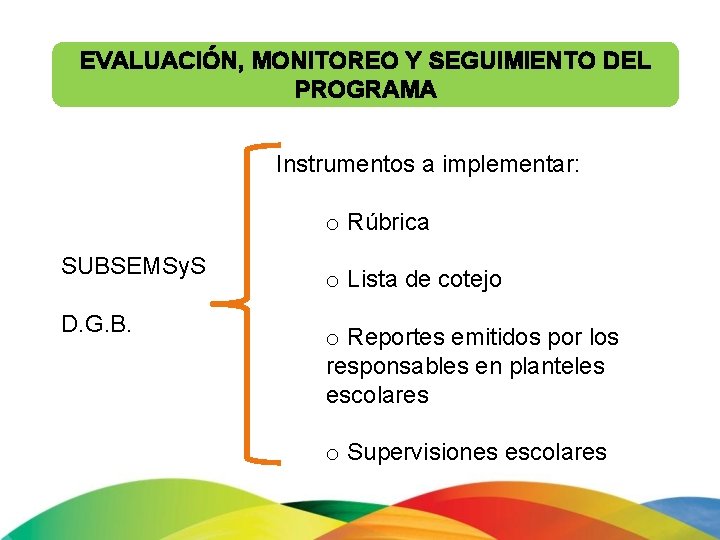 EVALUACIÓN, MONITOREO Y SEGUIMIENTO DEL PROGRAMA Instrumentos a implementar: o Rúbrica SUBSEMSy. S D.