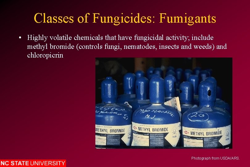 Classes of Fungicides: Fumigants • Highly volatile chemicals that have fungicidal activity; include methyl