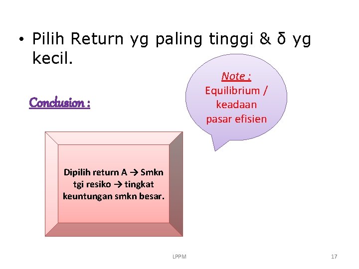  • Pilih Return yg paling tinggi & δ yg kecil. Note : Equilibrium