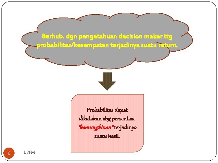 Berhub. dgn pengetahuan decision maker ttg probabilitas/kesempatan terjadinya suatu return. Probabilitas dapat dikatakan sbg