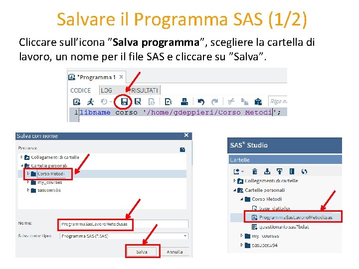 Salvare il Programma SAS (1/2) Cliccare sull’icona ”Salva programma”, scegliere la cartella di lavoro,