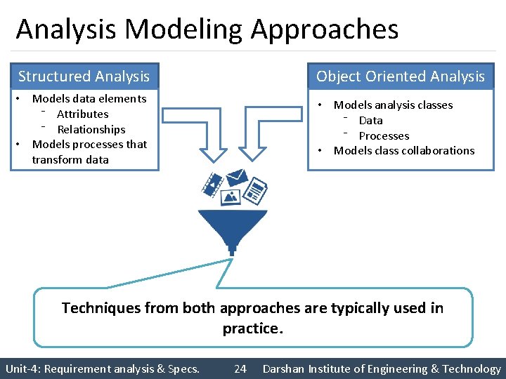 Analysis Modeling Approaches Structured Analysis Object Oriented Analysis • Models data elements ⁻ Attributes