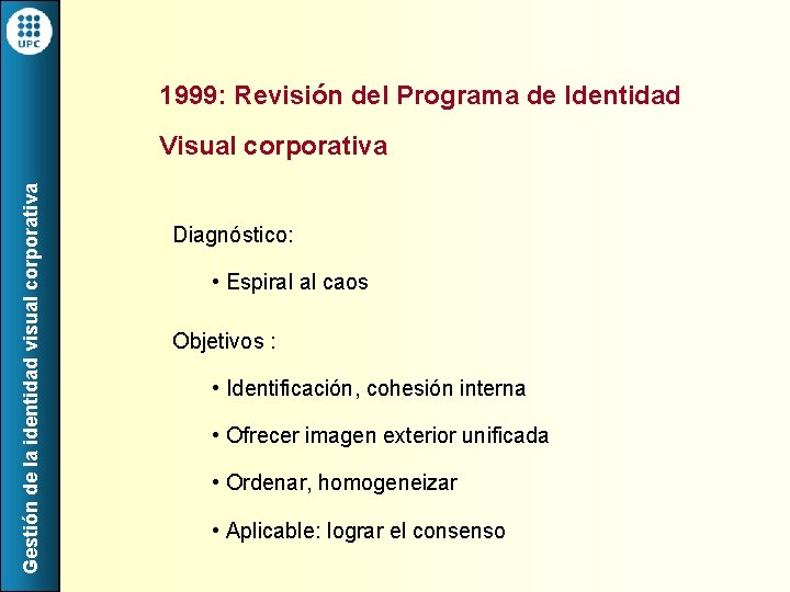 1999: Revisión del Programa de Identidad Gestión de la identidad visual corporativa Visual corporativa