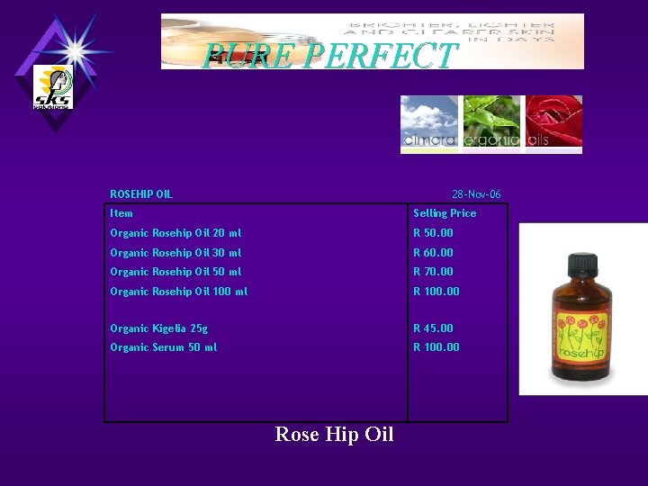 PURE PERFECT ROSEHIP OIL Item 28 -Nov-06 Selling Price Organic Rosehip Oil 20 ml