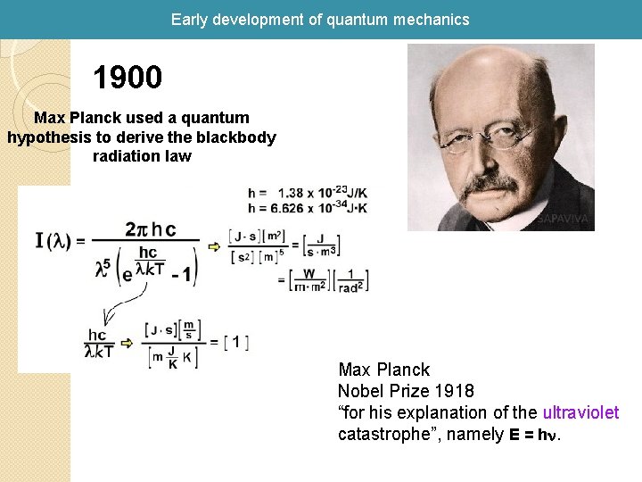 Early development of quantum mechanics 1900 Max Planck used a quantum hypothesis to derive Early development of quantum mechanics 1900 Max Planck used a quantum hypothesis to derive