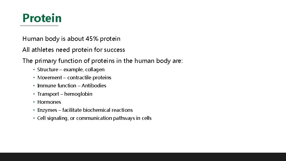 Protein Human body is about 45% protein All athletes need protein for success The