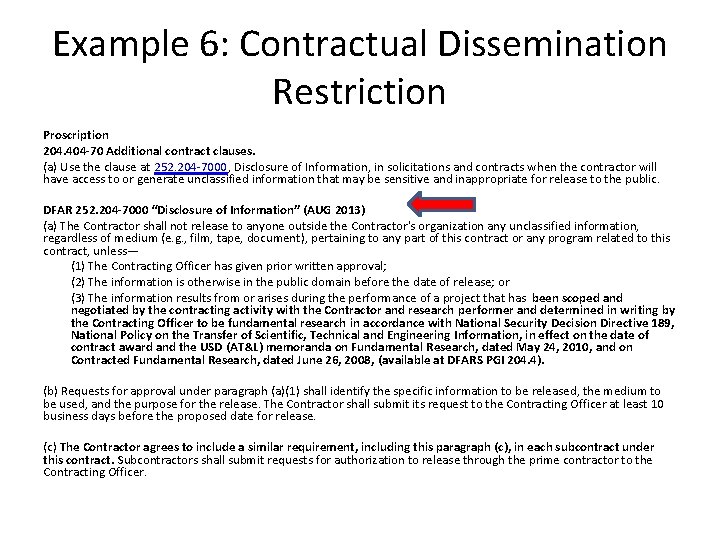 Example 6: Contractual Dissemination Restriction Proscription 204. 404 -70 Additional contract clauses. (a) Use