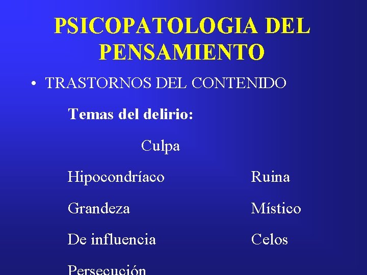 PSICOPATOLOGIA DEL PENSAMIENTO • TRASTORNOS DEL CONTENIDO Temas delirio: Culpa Hipocondríaco Ruina Grandeza Místico