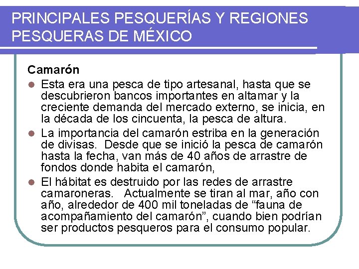 PRINCIPALES PESQUERÍAS Y REGIONES PESQUERAS DE MÉXICO Camarón l Esta era una pesca de