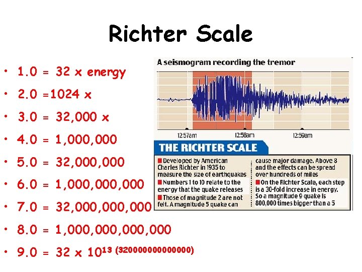 Richter Scale • 1. 0 = 32 x energy • 2. 0 =1024 x